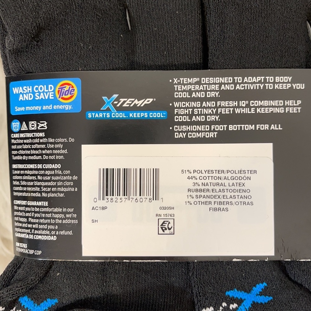 Hanes 12 Pairs X-Temp Cushioned Crew Socks Big & Tall Shoe Size 12-14 Black NEW - Picture 2 of 4